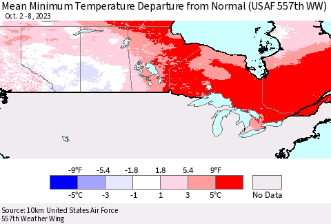 Canada Mean Minimum Temperature Departure from Normal (USAF 557th WW) Thematic Map For 10/2/2023 - 10/8/2023