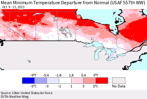 Canada Mean Minimum Temperature Departure from Normal (USAF 557th WW) Thematic Map For 10/9/2023 - 10/15/2023