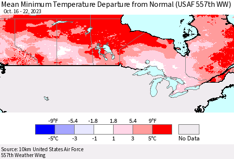 Canada Mean Minimum Temperature Departure from Normal (USAF 557th WW) Thematic Map For 10/16/2023 - 10/22/2023
