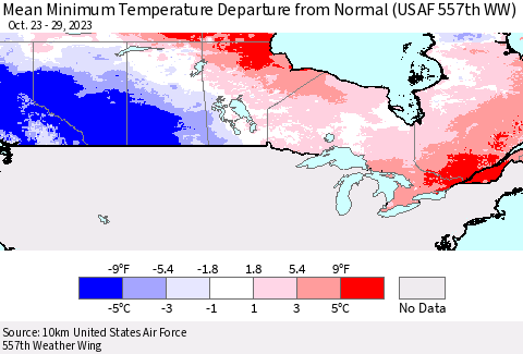 Canada Mean Minimum Temperature Departure from Normal (USAF 557th WW) Thematic Map For 10/23/2023 - 10/29/2023
