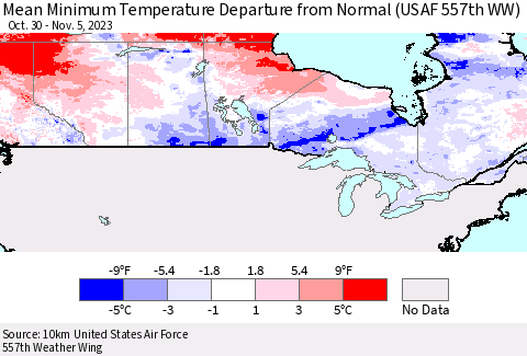Canada Mean Minimum Temperature Departure from Normal (USAF 557th WW) Thematic Map For 10/30/2023 - 11/5/2023