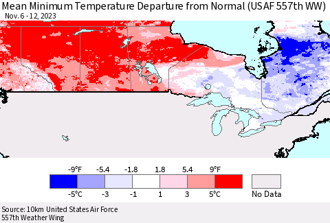 Canada Mean Minimum Temperature Departure from Normal (USAF 557th WW) Thematic Map For 11/6/2023 - 11/12/2023