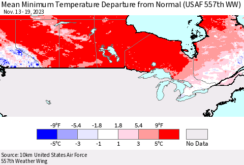 Canada Mean Minimum Temperature Departure from Normal (USAF 557th WW) Thematic Map For 11/13/2023 - 11/19/2023
