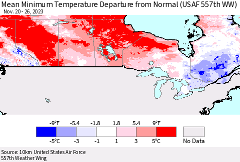 Canada Mean Minimum Temperature Departure from Normal (USAF 557th WW) Thematic Map For 11/20/2023 - 11/26/2023