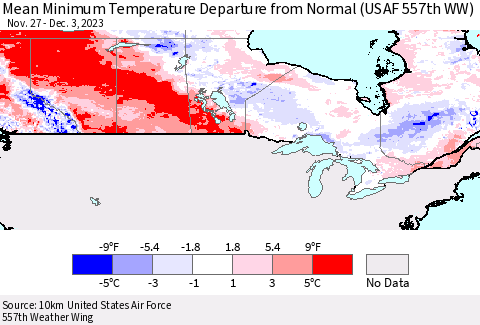Canada Mean Minimum Temperature Departure from Normal (USAF 557th WW) Thematic Map For 11/27/2023 - 12/3/2023
