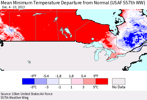 Canada Mean Minimum Temperature Departure from Normal (USAF 557th WW) Thematic Map For 12/4/2023 - 12/10/2023