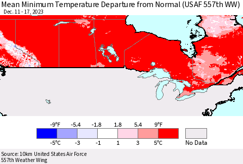 Canada Mean Minimum Temperature Departure from Normal (USAF 557th WW) Thematic Map For 12/11/2023 - 12/17/2023