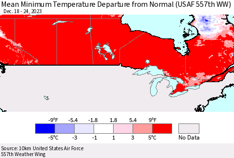 Canada Mean Minimum Temperature Departure from Normal (USAF 557th WW) Thematic Map For 12/18/2023 - 12/24/2023