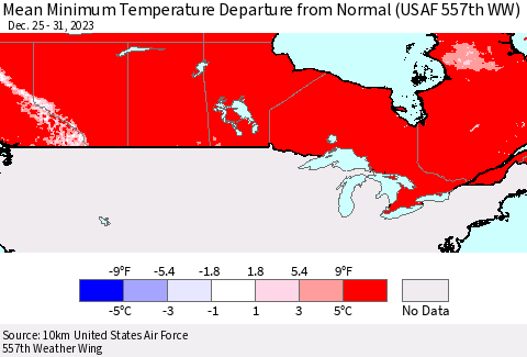 Canada Mean Minimum Temperature Departure from Normal (USAF 557th WW) Thematic Map For 12/25/2023 - 12/31/2023