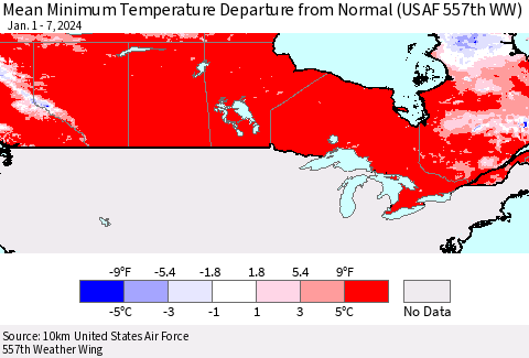 Canada Mean Minimum Temperature Departure from Normal (USAF 557th WW) Thematic Map For 1/1/2024 - 1/7/2024