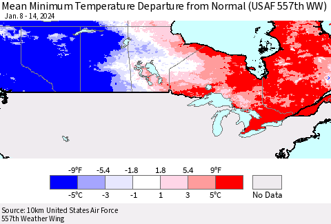 Canada Mean Minimum Temperature Departure from Normal (USAF 557th WW) Thematic Map For 1/8/2024 - 1/14/2024
