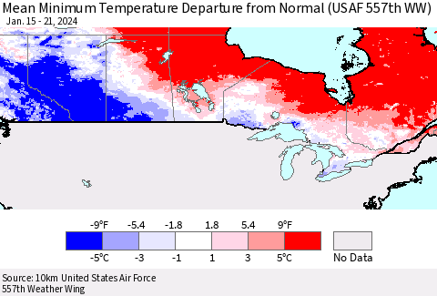 Canada Mean Minimum Temperature Departure from Normal (USAF 557th WW) Thematic Map For 1/15/2024 - 1/21/2024