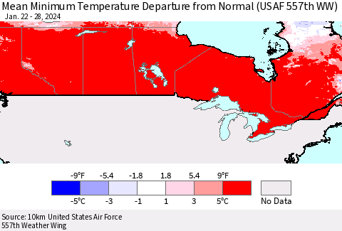 Canada Mean Minimum Temperature Departure from Normal (USAF 557th WW) Thematic Map For 1/22/2024 - 1/28/2024