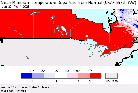 Canada Mean Minimum Temperature Departure from Normal (USAF 557th WW) Thematic Map For 1/29/2024 - 2/4/2024