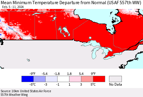 Canada Mean Minimum Temperature Departure from Normal (USAF 557th WW) Thematic Map For 2/5/2024 - 2/11/2024