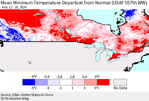 Canada Mean Minimum Temperature Departure from Normal (USAF 557th WW) Thematic Map For 2/12/2024 - 2/18/2024