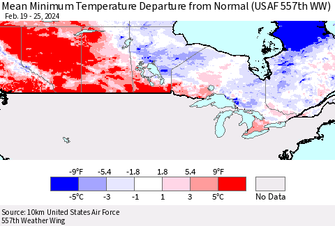 Canada Mean Minimum Temperature Departure from Normal (USAF 557th WW) Thematic Map For 2/19/2024 - 2/25/2024