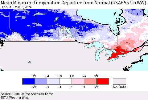 Canada Mean Minimum Temperature Departure from Normal (USAF 557th WW) Thematic Map For 2/26/2024 - 3/3/2024