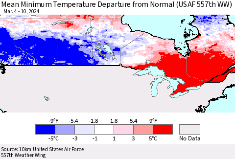 Canada Mean Minimum Temperature Departure from Normal (USAF 557th WW) Thematic Map For 3/4/2024 - 3/10/2024