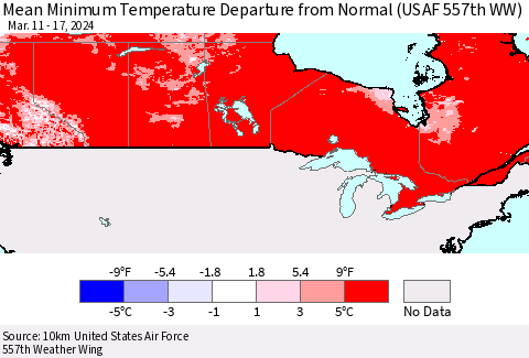 Canada Mean Minimum Temperature Departure from Normal (USAF 557th WW) Thematic Map For 3/11/2024 - 3/17/2024