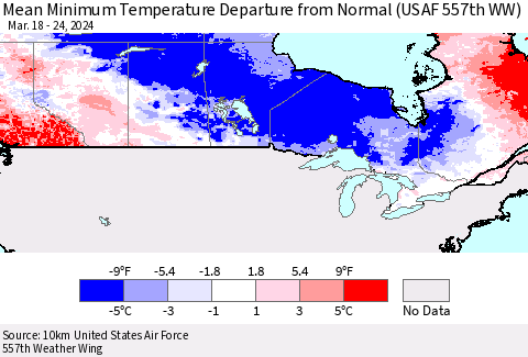 Canada Mean Minimum Temperature Departure from Normal (USAF 557th WW) Thematic Map For 3/18/2024 - 3/24/2024