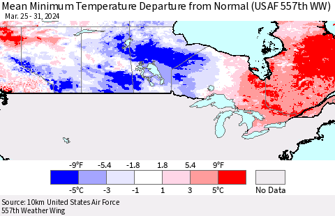 Canada Mean Minimum Temperature Departure from Normal (USAF 557th WW) Thematic Map For 3/25/2024 - 3/31/2024