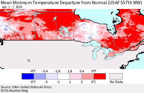 Canada Mean Minimum Temperature Departure from Normal (USAF 557th WW) Thematic Map For 4/1/2024 - 4/7/2024