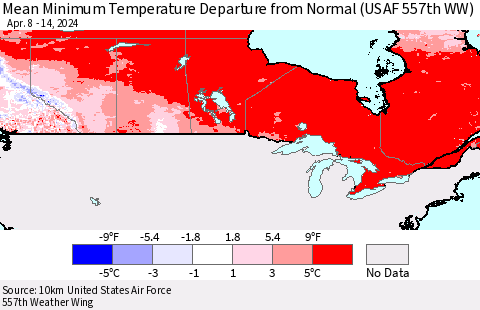 Canada Mean Minimum Temperature Departure from Normal (USAF 557th WW) Thematic Map For 4/8/2024 - 4/14/2024