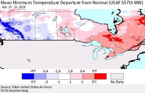 Canada Mean Minimum Temperature Departure from Normal (USAF 557th WW) Thematic Map For 4/15/2024 - 4/21/2024