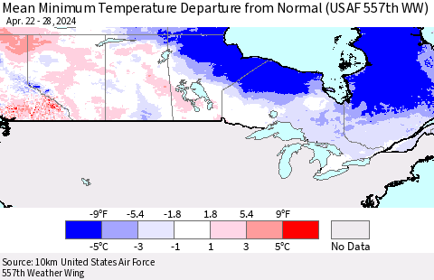 Canada Mean Minimum Temperature Departure from Normal (USAF 557th WW) Thematic Map For 4/22/2024 - 4/28/2024