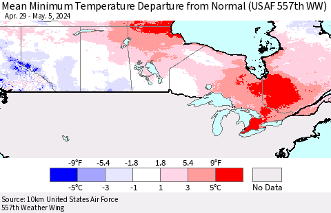 Canada Mean Minimum Temperature Departure from Normal (USAF 557th WW) Thematic Map For 4/29/2024 - 5/5/2024