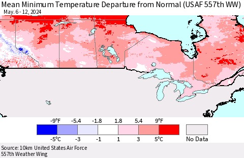 Canada Mean Minimum Temperature Departure from Normal (USAF 557th WW) Thematic Map For 5/6/2024 - 5/12/2024