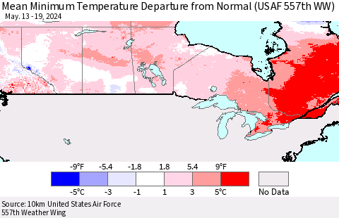 Canada Mean Minimum Temperature Departure from Normal (USAF 557th WW) Thematic Map For 5/13/2024 - 5/19/2024