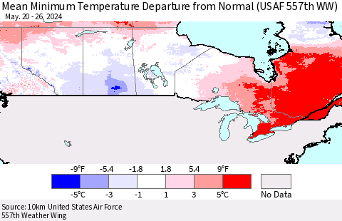 Canada Mean Minimum Temperature Departure from Normal (USAF 557th WW) Thematic Map For 5/20/2024 - 5/26/2024