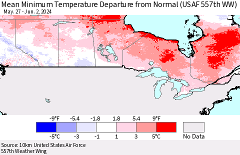 Canada Mean Minimum Temperature Departure from Normal (USAF 557th WW) Thematic Map For 5/27/2024 - 6/2/2024
