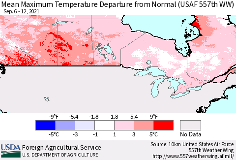 Canada Mean Maximum Temperature Departure from Normal (USAF 557th WW) Thematic Map For 9/6/2021 - 9/12/2021