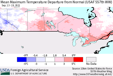 Canada Mean Maximum Temperature Departure from Normal (USAF 557th WW) Thematic Map For 9/13/2021 - 9/19/2021
