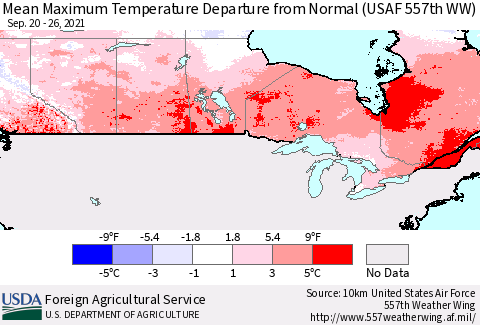 Canada Mean Maximum Temperature Departure from Normal (USAF 557th WW) Thematic Map For 9/20/2021 - 9/26/2021