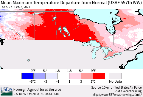 Canada Mean Maximum Temperature Departure from Normal (USAF 557th WW) Thematic Map For 9/27/2021 - 10/3/2021