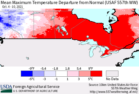 Canada Mean Maximum Temperature Departure from Normal (USAF 557th WW) Thematic Map For 10/4/2021 - 10/10/2021