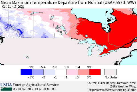 Canada Mean Maximum Temperature Departure from Normal (USAF 557th WW) Thematic Map For 10/11/2021 - 10/17/2021