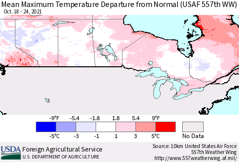 Canada Mean Maximum Temperature Departure from Normal (USAF 557th WW) Thematic Map For 10/18/2021 - 10/24/2021