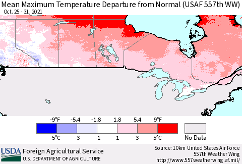 Canada Mean Maximum Temperature Departure from Normal (USAF 557th WW) Thematic Map For 10/25/2021 - 10/31/2021