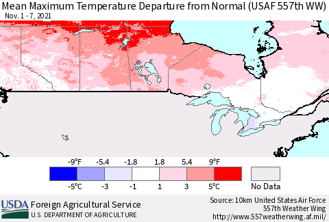 Canada Mean Maximum Temperature Departure from Normal (USAF 557th WW) Thematic Map For 11/1/2021 - 11/7/2021
