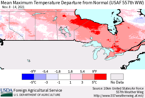 Canada Mean Maximum Temperature Departure from Normal (USAF 557th WW) Thematic Map For 11/8/2021 - 11/14/2021