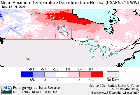 Canada Mean Maximum Temperature Departure from Normal (USAF 557th WW) Thematic Map For 11/15/2021 - 11/21/2021