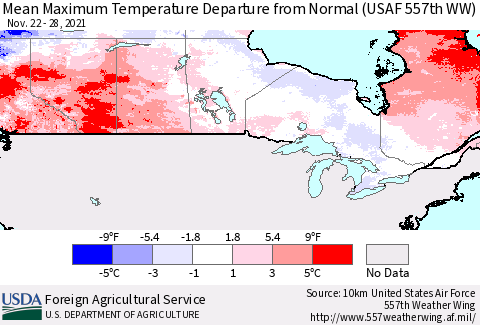 Canada Mean Maximum Temperature Departure from Normal (USAF 557th WW) Thematic Map For 11/22/2021 - 11/28/2021