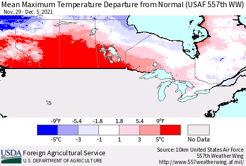 Canada Mean Maximum Temperature Departure from Normal (USAF 557th WW) Thematic Map For 11/29/2021 - 12/5/2021