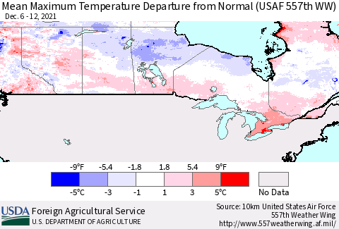 Canada Mean Maximum Temperature Departure from Normal (USAF 557th WW) Thematic Map For 12/6/2021 - 12/12/2021