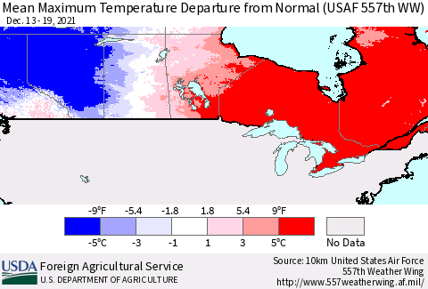 Canada Mean Maximum Temperature Departure from Normal (USAF 557th WW) Thematic Map For 12/13/2021 - 12/19/2021
